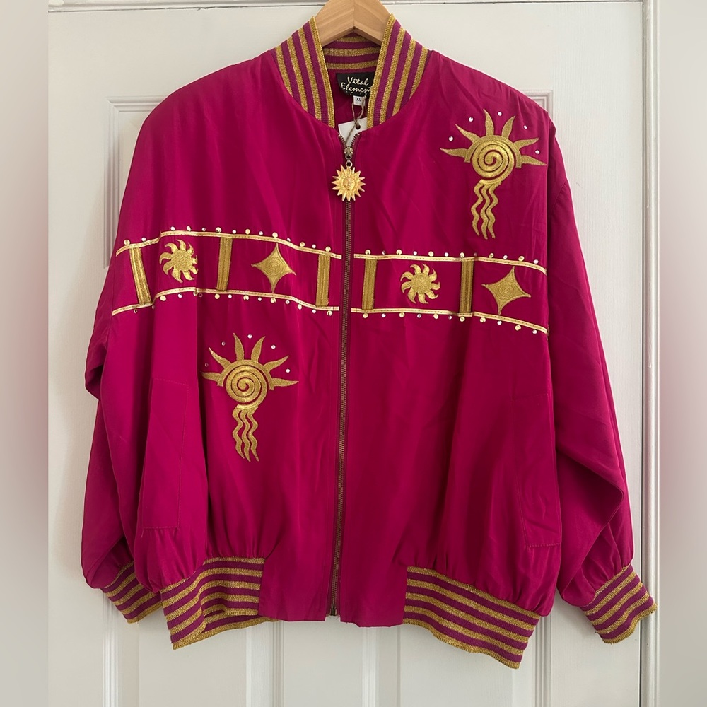 Vintage Hot Pink Windbreaker Jacket with Gold Embroidery and Sun Detailing